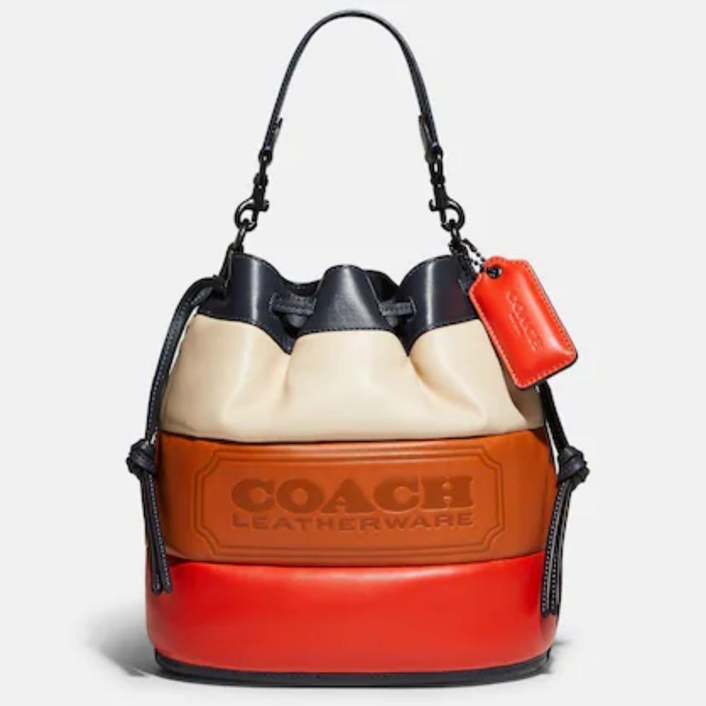 Coach RETAIL Colorblock Pillow Quilted Field Bucket Bag - Orange Cream Tan Navy - Picture 3 of 17